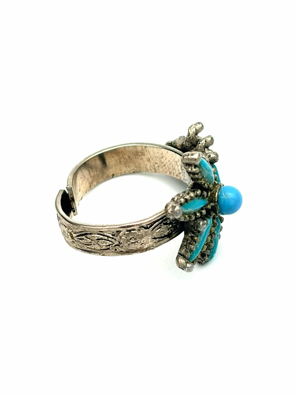Zuni Petit Point Turquoise Floral Cluster Ring, Silver, Women’s Size 8 Adj.